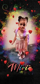 Colorful child portrait wallpaper with hearts and artistic design.