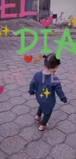 Child walking on tiled path with colorful text and icons.