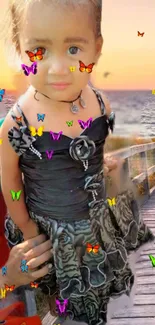 Child with butterflies and sunset on a wooden bridge wallpaper.