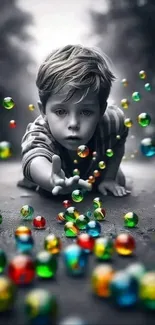 Child reaching for colorful marbles in a monochrome setting.