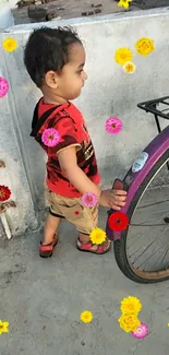 Child with bicycle and flowers in vibrant wallpaper.