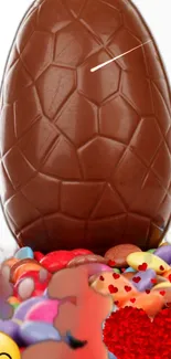 Chocolate egg with colorful candies, perfect mobile wallpaper.