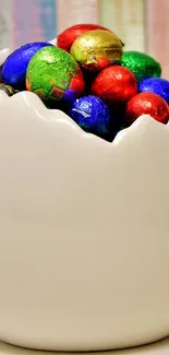 Ceramic egg filled with colorful chocolates against a wooden background.