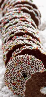 Chocolate discs with colorful sprinkles in a vibrant pattern.