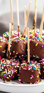 Chocolate marshmallows with colorful sprinkles on sticks.
