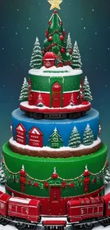 Christmas cake with toy train and decorations in green, red, and blue.