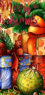 Festive Christmas wallpaper with gifts and ornaments.