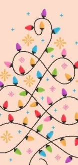 Colorful Christmas light spiral on peach background.