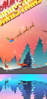 Christmas wallpaper with Santa flying over trees and colorful reflection.