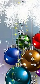 Colorful hanging Christmas ornaments with snowflakes.