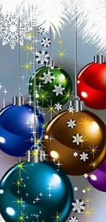 Colorful Christmas ornaments with snowflakes on a festive phone wallpaper.