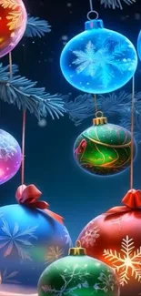 Vibrant Christmas ornaments with lights hanging on a tree branch.