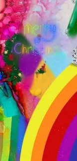 Vibrant Christmas rainbow wallpaper with abstract and festive elements.