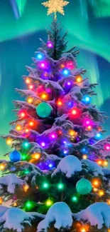 Vibrant Christmas tree with lights under Northern Lights.