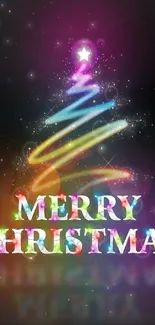 Colorful Christmas tree with vibrant text on black background.