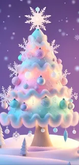 Festive pastel Christmas tree with decorations on snow.