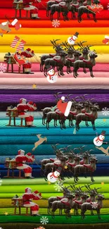 Vibrant Christmas wallpaper with Santa, reindeer, and colorful festive stripes.