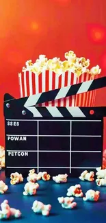 Colorful cinema-themed wallpaper with popcorn and clapperboard.