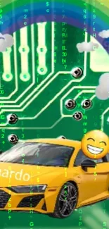 Vibrant phone wallpaper with yellow car, green circuit board, and rainbow elements.