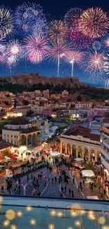 Colorful fireworks lighting up cityscape with vibrant night sky.