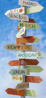 Colorful city signpost with blue sky background.