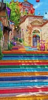 Vibrant, colorful staircase under a blue sky, lined with stone buildings.