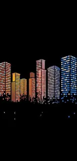 Night cityscape wallpaper with colorful skyscrapers and black background.