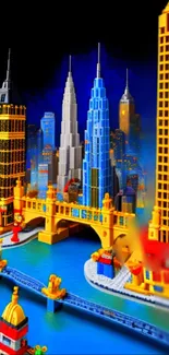 Colorful LEGO cityscape with intricate buildings and a bridge.