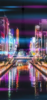 Vibrant cityscape with Eiffel Tower silhouette and neon reflections.