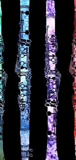 Four colorful clarinets on black background.