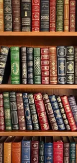 A vibrant shelf of leather-bound classic books organized by color.