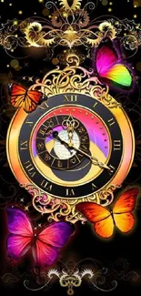 Vibrant wallpaper with decorative clock and butterflies.