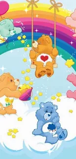 Cartoon bears on rainbow and clouds, colorful wallpaper.