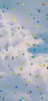 Colorful confetti floating in a bright, cloudy sky.