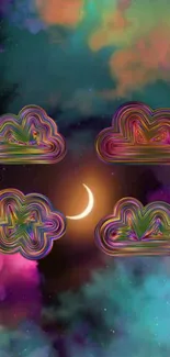 Colorful clouds with a crescent moon in a vibrant night sky.