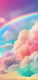 Vibrant mobile wallpaper with pastel clouds and rainbow.