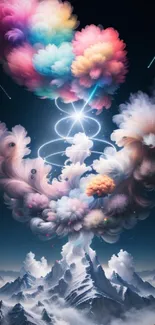 Colorful, swirling clouds over mountain peaks in vibrant digital artwork.