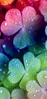 Colorful clover leaves with rainbow hues and dewdrops on a mobile wallpaper.