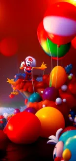 Colorful clown with balloons, vibrant fantasy scene.