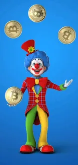 Clown juggling Bitcoin coins with a blue backdrop.