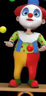 Colorful clown balancing in a circus scene.