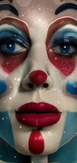 Vibrant colorful clown face art with bold makeup.