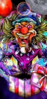 Vibrant fantasy clown with colorful balloons and a mystical vibe.