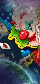 Colorful cartoon clown holding cards on a cosmic fantasy background.