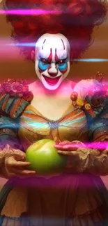 Colorful clown with red hair holding a green apple.