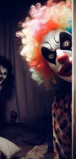 Colorful clown with eerie expression hiding behind a door.