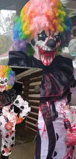 Multicolor clown in a spooky costume, suitable for horror-themed backgrounds.