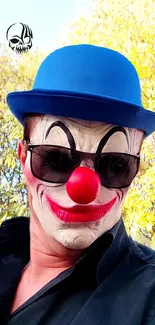 Colorful clown with blue hat and sunglasses, vivid and playful.