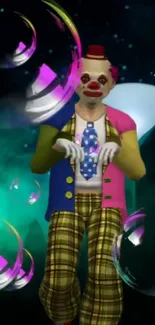 Colorful clown with bubbles in a fantasy scene.