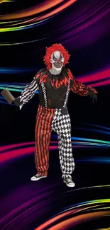 Colorful clown with neon swirl background wallpaper.